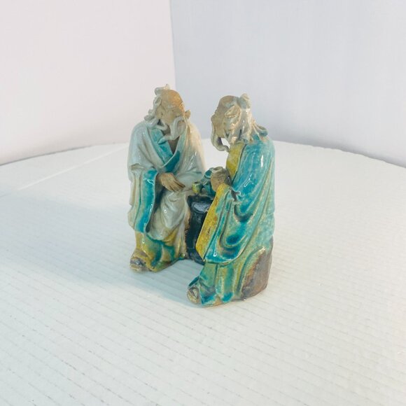 Antique c.1900 Handmade Shiwan Mudmen Two Old Men Seated Drinking Sake Tea - Picture 5 of 15